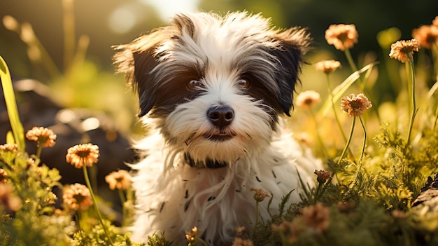 Um lindo cachorrinho preto e branco brincando na grama