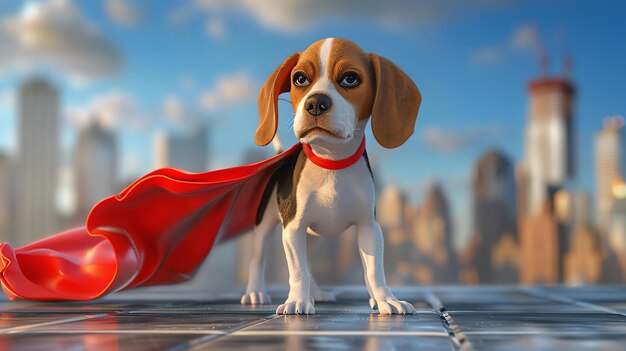 Um lindo cachorro beagle vestindo uma capa vermelha está em um telhado olhando para a cidade