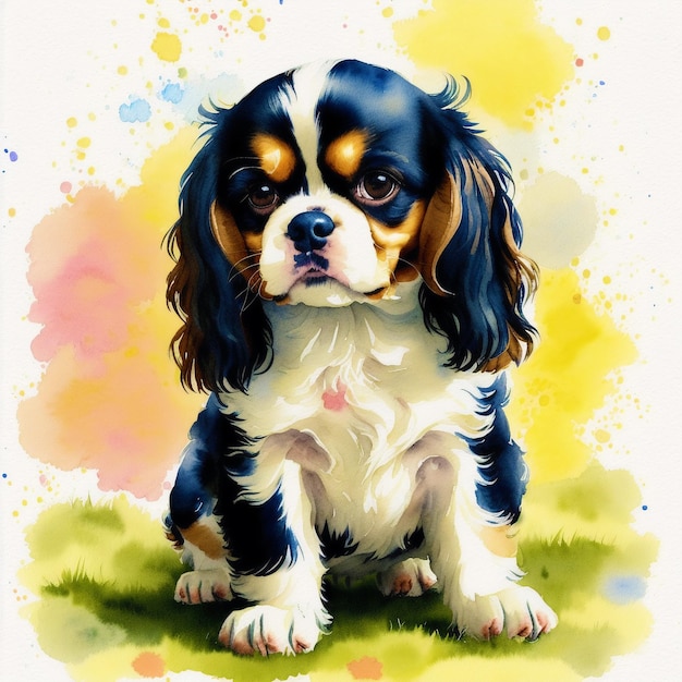 Um lindo cachorro Cavalier King Charles Spaniel Pintura em aquarela Graciosa Elegância Generativa AI