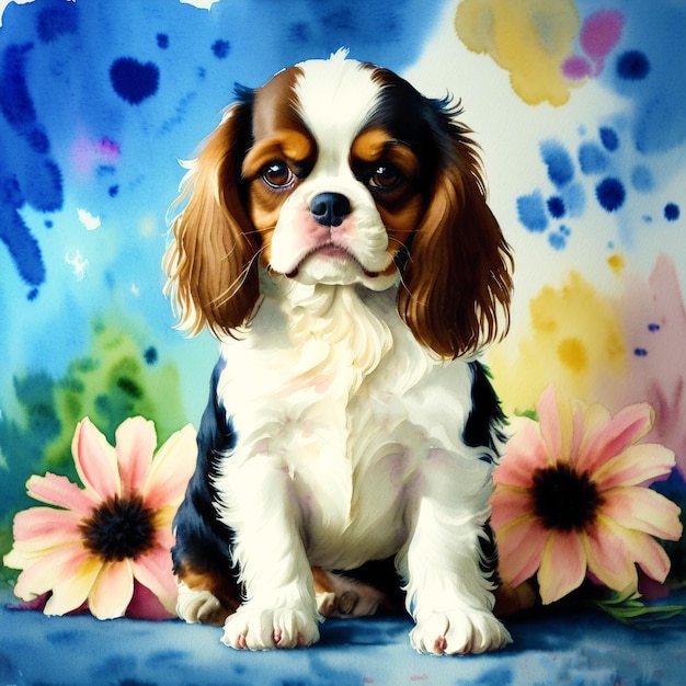 Um lindo cachorro Cavalier King Charles Spaniel Pintura em aquarela Graciosa Elegância Generativa AI