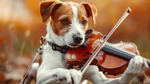 Foto um lindo cachorro jack russell terrier está tocando violino ao ar livre o cachorro está sentado em uma cerca de madeira e está usando uma coleira com uma coleira