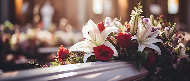 Um lindo caixão de madeira escura adornado com rosas, lírios e cravos cria uma exibição exuberante