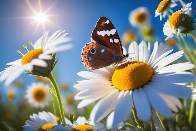 Um lindo campo de primavera com margaridas e borboletasA beleza da natureza Generative AI