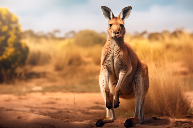 Um lindo canguru na savana Um ambiente natural para cangurus Retrato de um animal