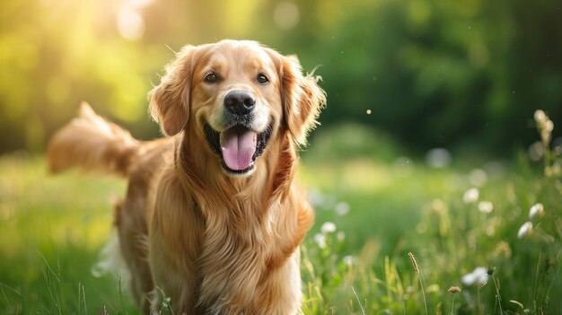 Um lindo cão golden retriever a caminhar lá fora.