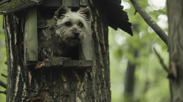Um lindo cão Yorkshire Terrier espreita por um buraco em uma árvore