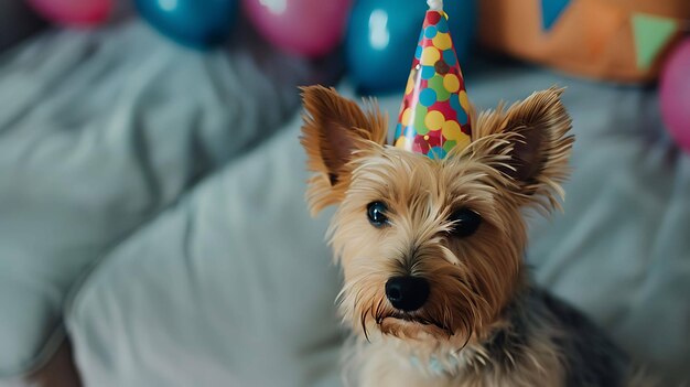 Um lindo cão Yorkshire Terrier vestindo um chapéu de festa colorido está sentado em uma cama