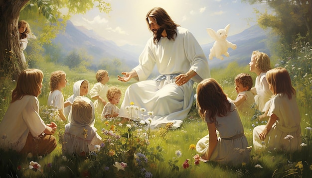 Um lindo cartaz moderno mostrando Jesus brincando com crianças com este fundo