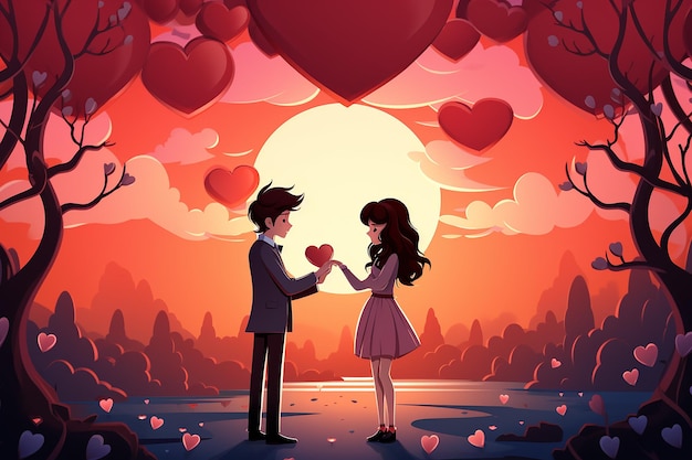 Um lindo casal de desenhos animados com coração contra o pôr-do-sol. Ilustração romântica de fundo de valentine.