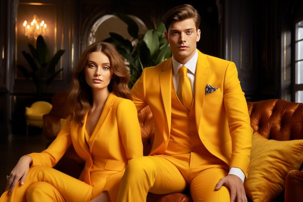 Um lindo casal de roupas amarelas numa sala de estar elegante, estilo de vida de luxo.