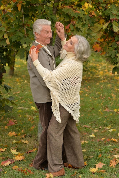 Foto um lindo casal de seniores a dançar no parque.