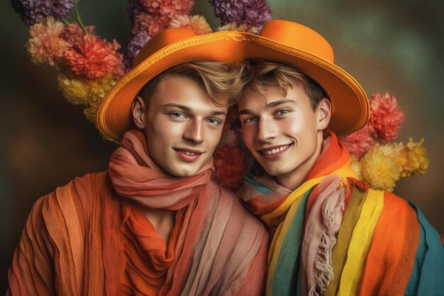 Um lindo casal gay com as cores da bandeira do arco-íris posando para uma sessão de fotos do Mês do Orgulho LGBTQ