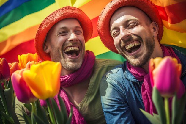 Um lindo casal gay feliz com cores do arco-íris em um campo de flores Papel de parede do Mês do Orgulho LGBTQ