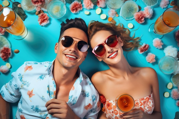 Um lindo casal sorridente com óculos de sol deitado em um fundo ciano e cercado por bebidas frescas de coquetel