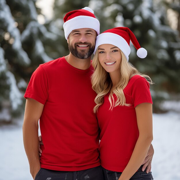 um lindo casal usando camisetas vermelhas e chapéus de Papai Noel