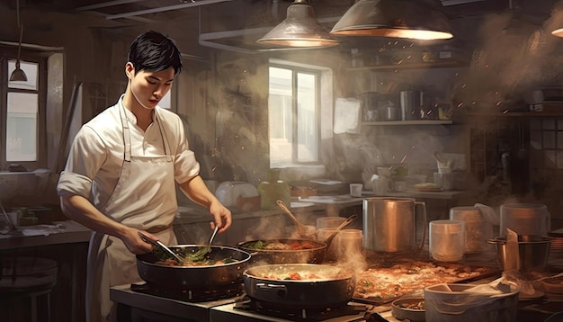 um lindo chef coreano preparando comida em uma cozinha