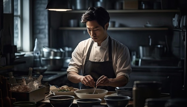 um lindo chef coreano preparando comida em uma cozinha