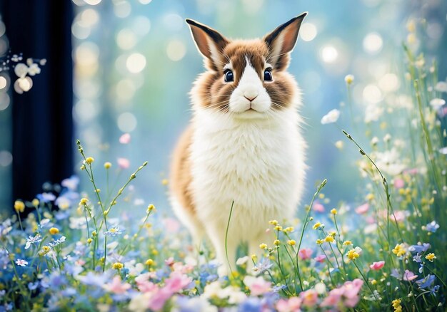 Foto um lindo coelho bonito num prado de flores num dia ensolarado