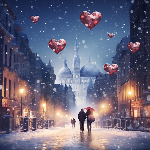 Um lindo conceito de Dia dos Namorados Um casal a caminhar por uma rua coberta de neve com balões em forma de coração