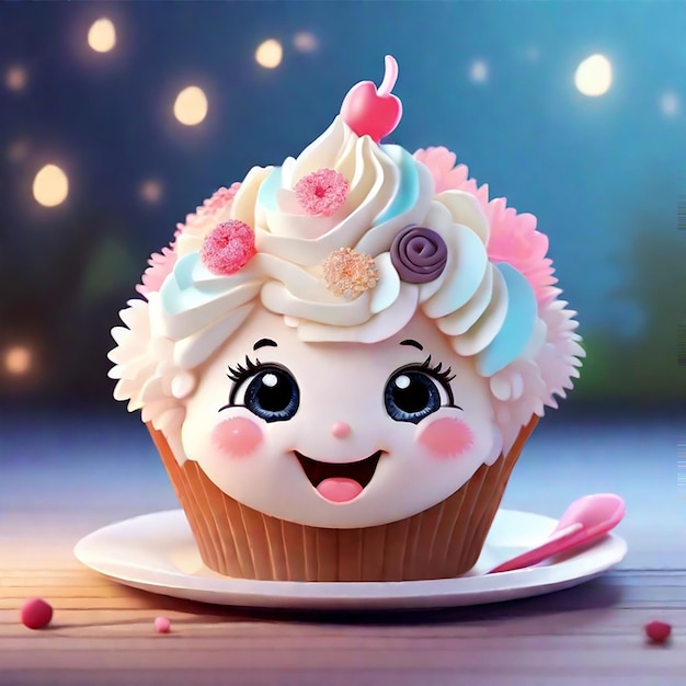 Um lindo cupcake de desenho animado muito delicioso com um sorriso espumoso gerado pela IA