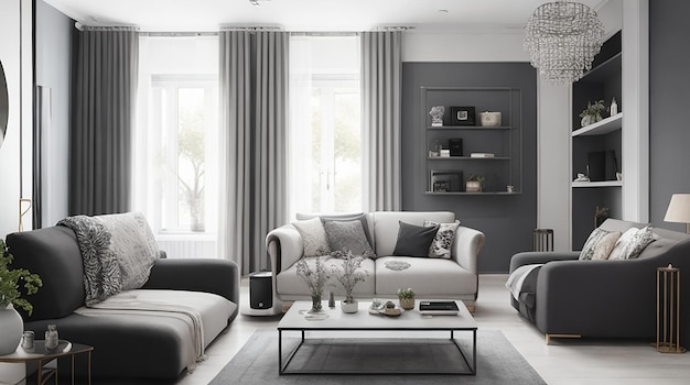 Um lindo design de interiores com móveis cinza