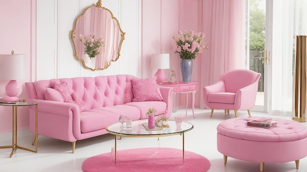 Um lindo design de interiores com móveis rosa