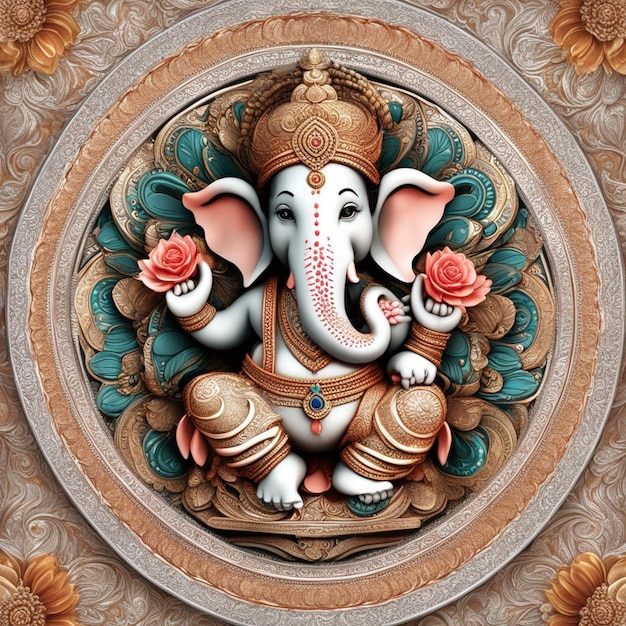 Um lindo deus hindu, Lord Ganesha, de cor cheia de decoração de flores.