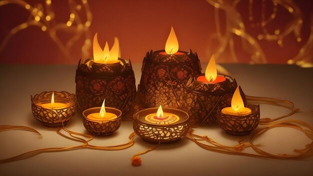 Foto um lindo dia de diwali com velas a arder.
