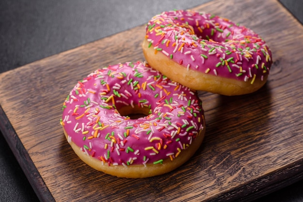 Um lindo donut com esmalte rosa e polvilho colorido sobre um fundo escuro de concreto