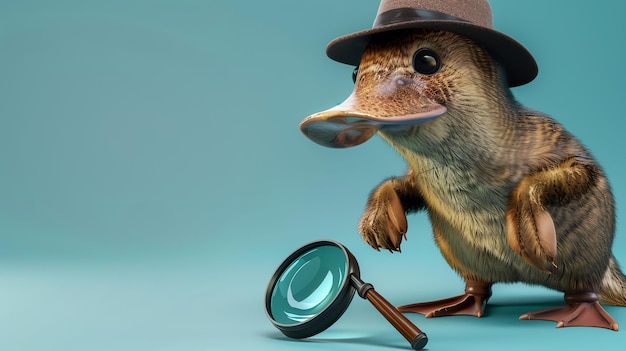 Foto um lindo e curioso detetive de ornitorrinco está vestindo um chapéu castanho e segurando uma lupa