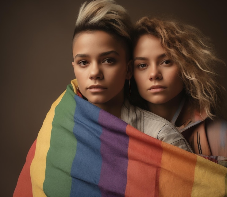 Foto um lindo e feliz casal de lésbicas gays com bandeira de cores do arco-íris papel de parede do mês do orgulho lgbtq