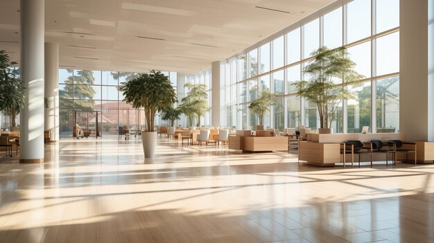 Um lindo e moderno escritório espaçoso com janelas panorâmicas e uma perspectiva