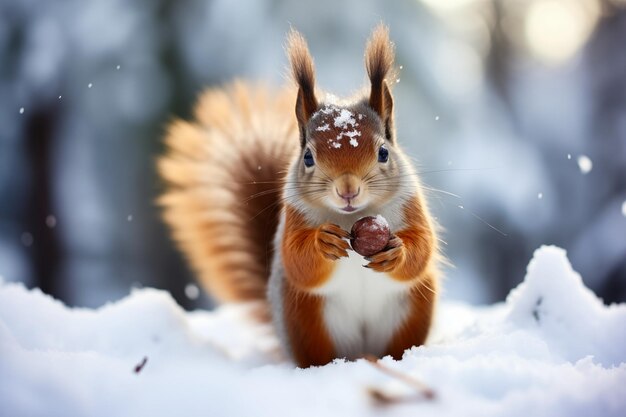 Um lindo esquilo vermelho com uma noz na floresta nevada. Animal de inverno.