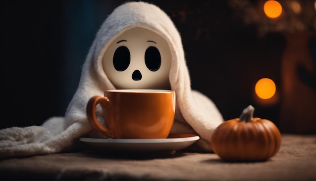 um lindo fantasma de Halloween aconchegado em um cobertor aconchegante