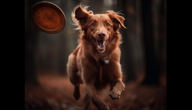 Um lindo filhote de retriever brincando na floresta gerada por IA