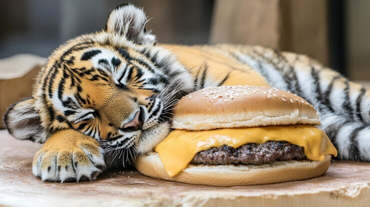 Foto um lindo filhote de tigre a dormir num cheeseburger.