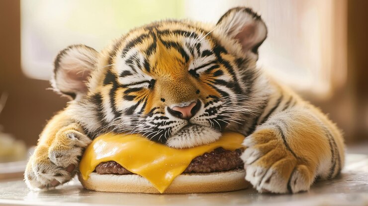 Foto um lindo filhote de tigre a dormir num hambúrguer.
