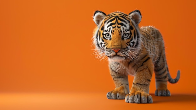 Um lindo filhote de tigre está de pé em um fundo laranja o filhote está olhando para a câmera com seus grandes olhos redondos