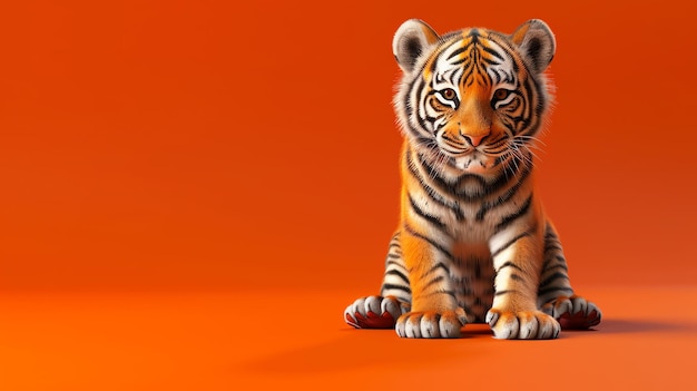 Um lindo filhote de tigre está sentado em um fundo laranja O filhote está olhando para a câmera com uma expressão curiosa