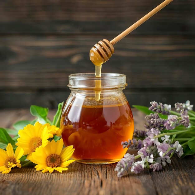 Um lindo frasco de mel com flores na mesa.