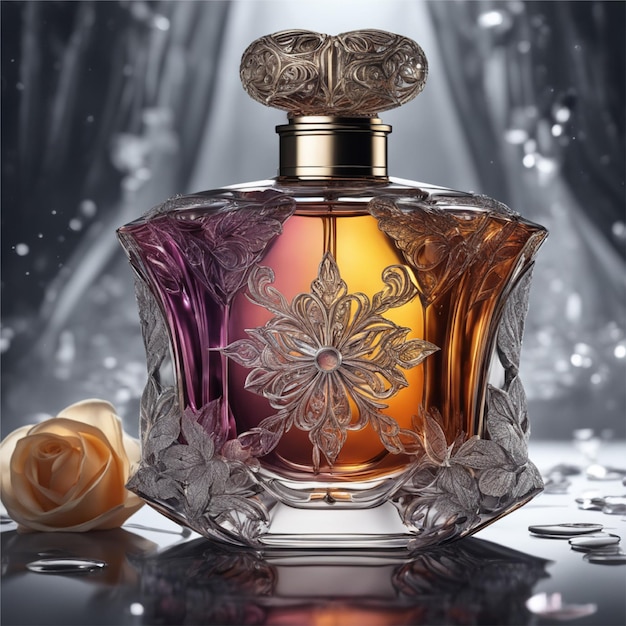 Um lindo frasco de perfume com água e uma caixa escura de luxo apresentada em um ambiente escuro