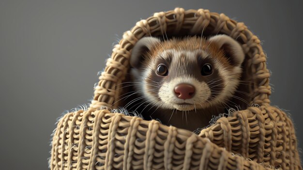 Foto um lindo furão espreita de uma cesta aconchegante seus grandes olhos redondos cheios de curiosidade e um toque de travessura