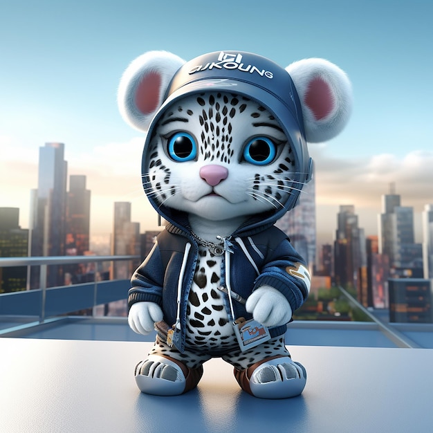 Um lindo gatinho hiper-realista Kawaii usando roupas de hip hop no fundo da cidade