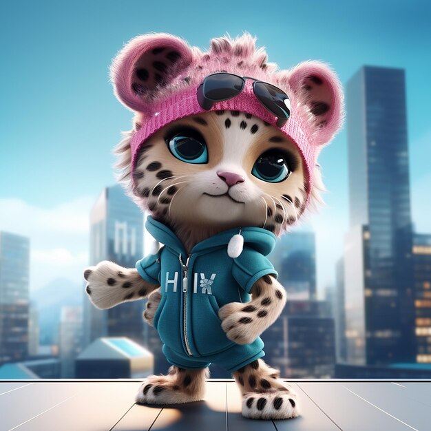 Um lindo gatinho hiper-realista Kawaii usando roupas de hip hop no fundo da cidade