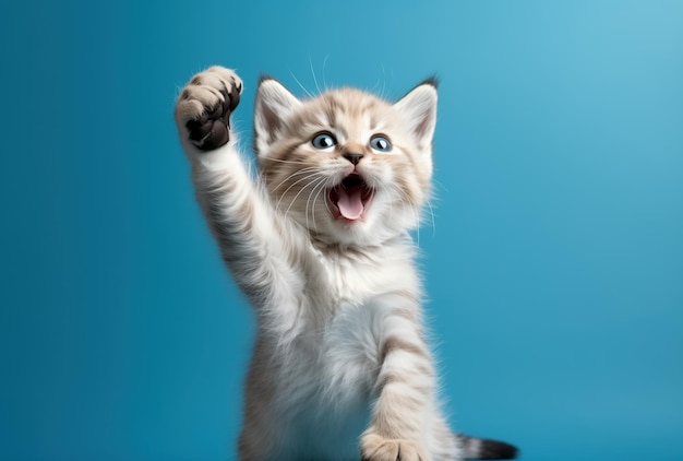 Um lindo gatinho vermelho e branco em um fundo azul