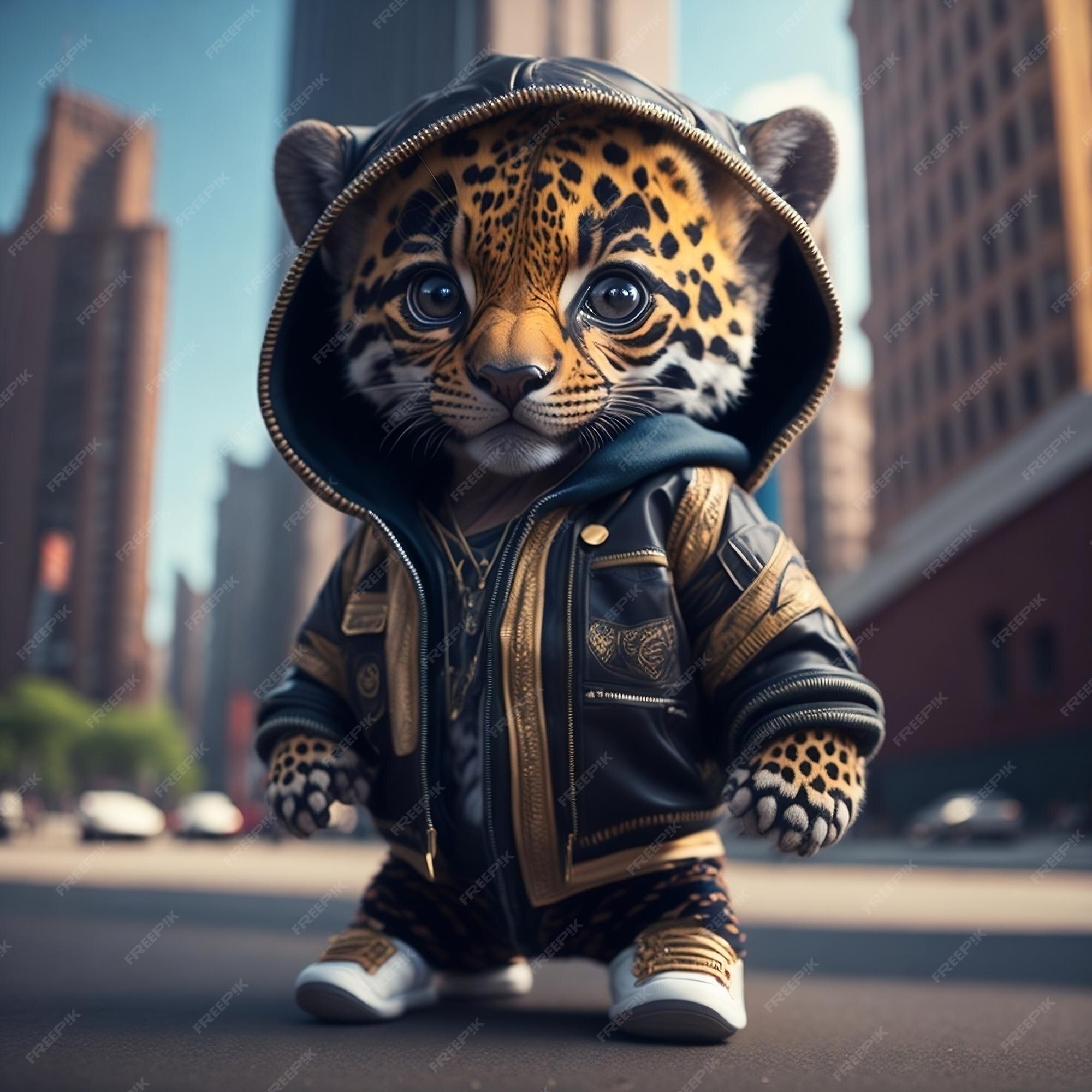 Um lindo gato bebê hiper-realista de kawaii vestindo roupas de hip hop  fundo da cidade