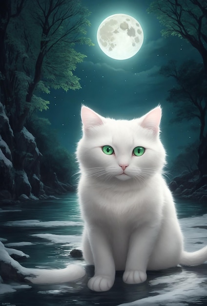 Um lindo gato branco com olhos verdes invernos uma lua cheia um rio profundo e uma imagem misteriosa