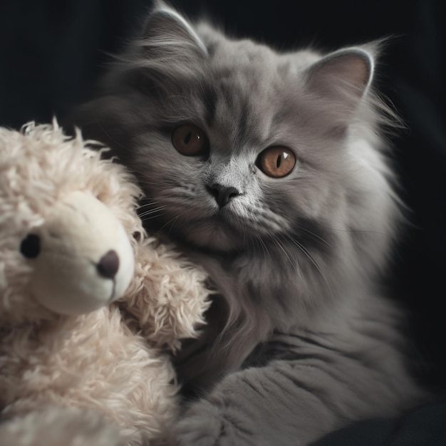 um lindo gato cinza abraçando um fofo ursinho de pelúcia Generative Ai