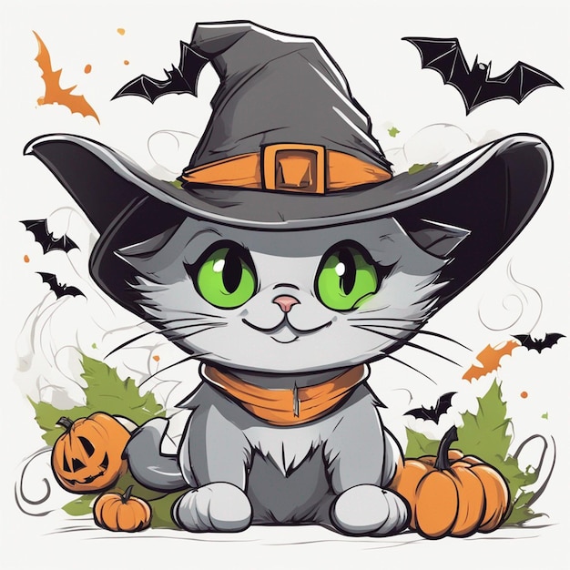 Um lindo gato cinza de olhos verdes com morcegos de Halloween voando ao redor do fundo delineado