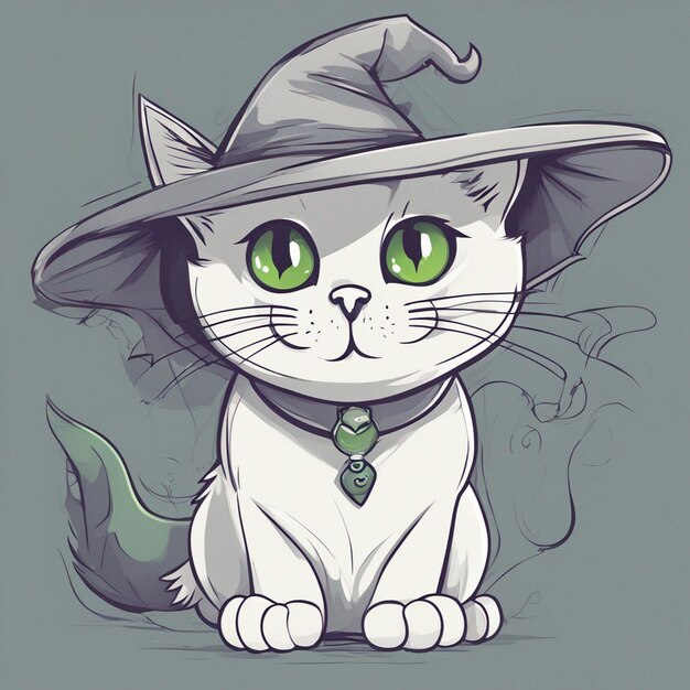 Foto um lindo gato cinza de olhos verdes com morcegos de halloween voando ao redor do fundo delineado